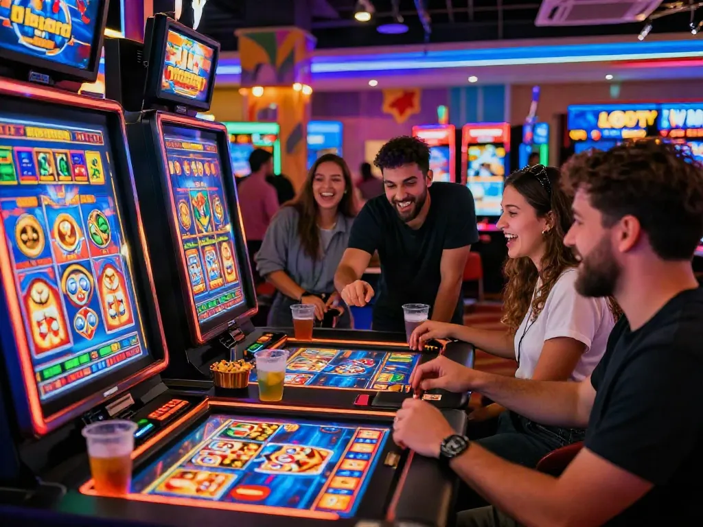Pecah25 slot di kasino online dengan teman-teman merayakan kemenangan dalam suasana penuh warna dan teknologi.