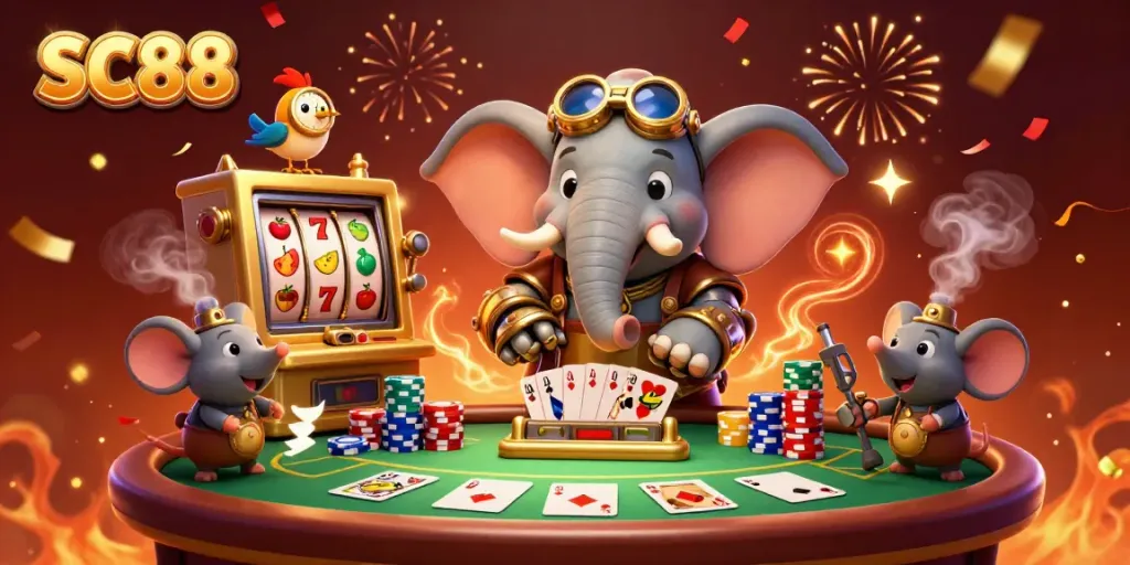 Experience excitement at SC88 with a steampunk elephant operating a golden slot machine, colorful chips surrounding a lively poker game.