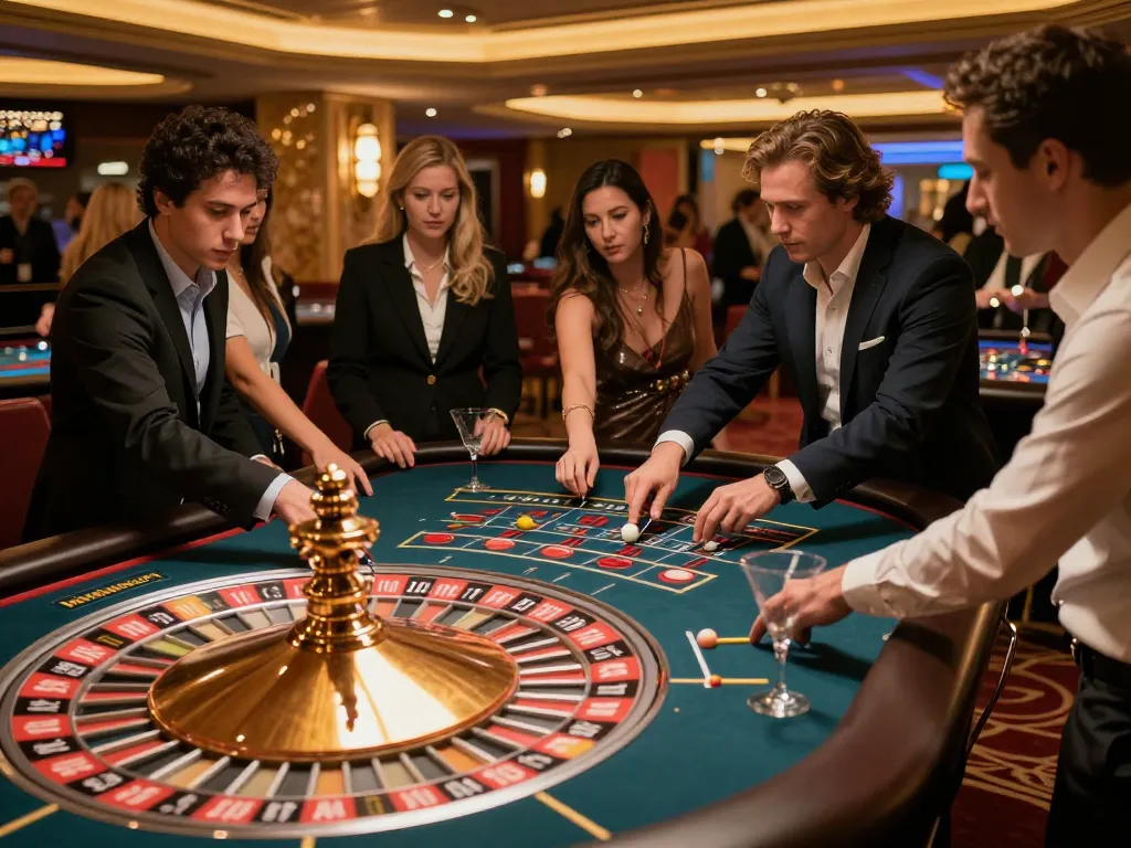 Players engaging in intense gameplay at UG DEWA roulette table in luxurious casino setting