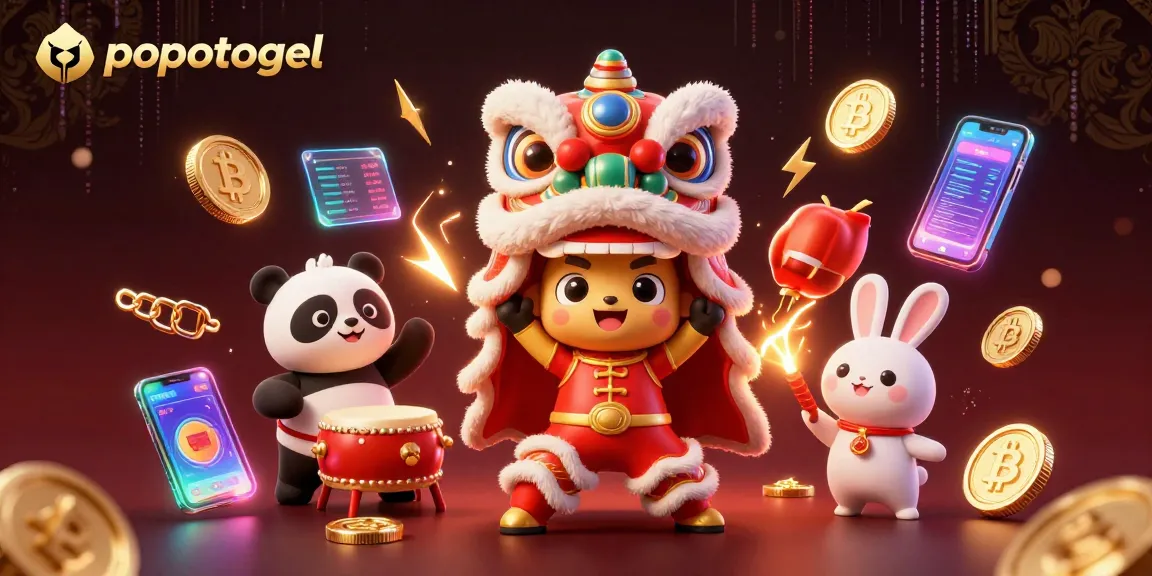 Engage with popotogel's vibrant 3D illustration featuring a lion dance, crypto coins, and dynamic gaming elements.