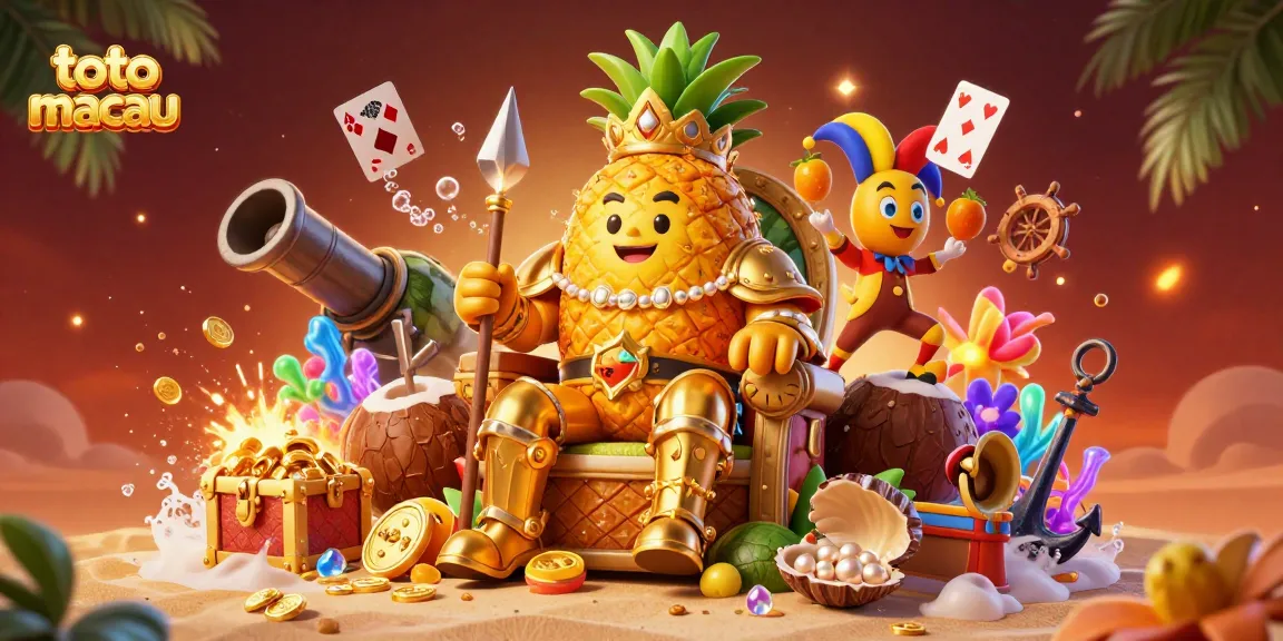 Ilustrasi 3D kasino tropis menampilkan "toto macau" dengan karakter raja nanas emas dan unsur permainan, menciptakan suasana judi yang menarik.