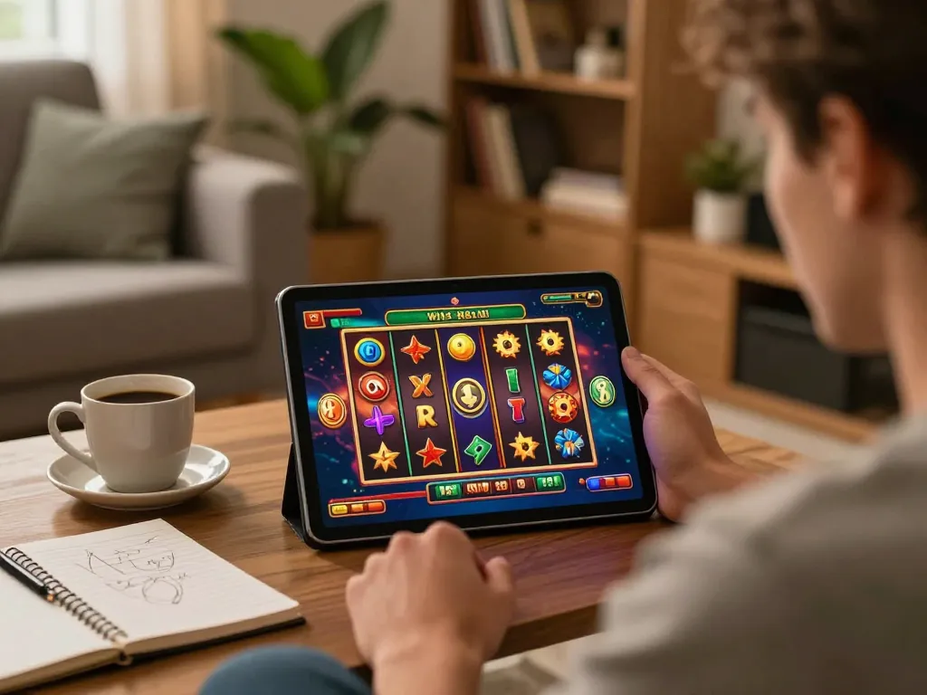 Player enjoying interactive online slot game on mobile device, experiencing excitement with MPO ID.