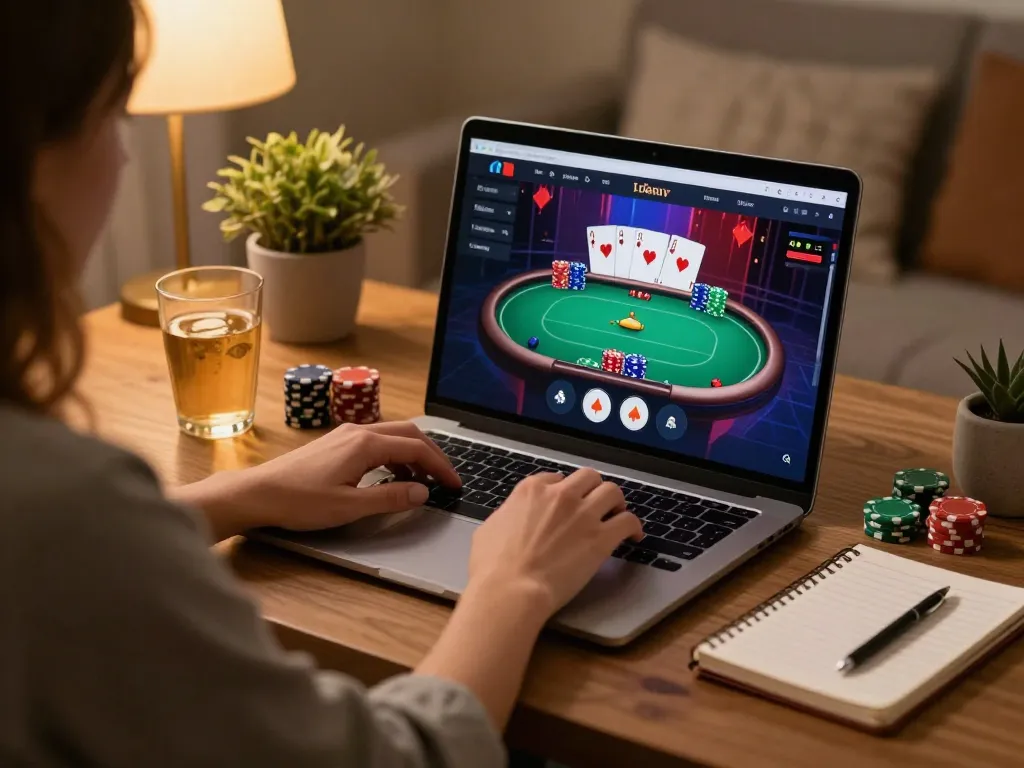 Player enjoying online poker on 98win with vibrant interface and cozy home setup.