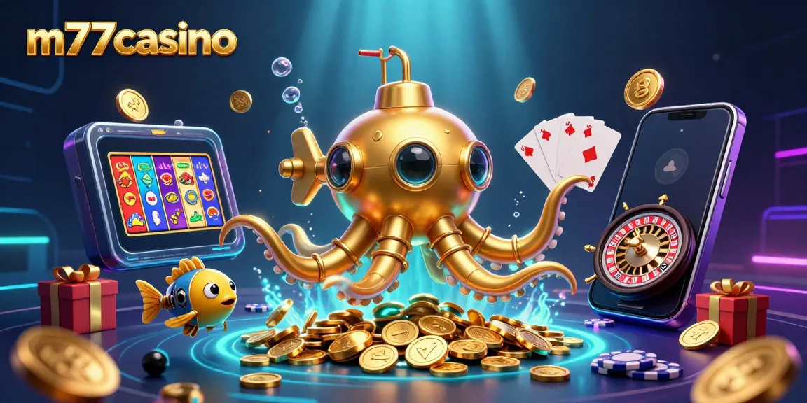 Menangkan hadiah di m77casino dengan ilustrasi kasino 3D penuh detail dan warna.