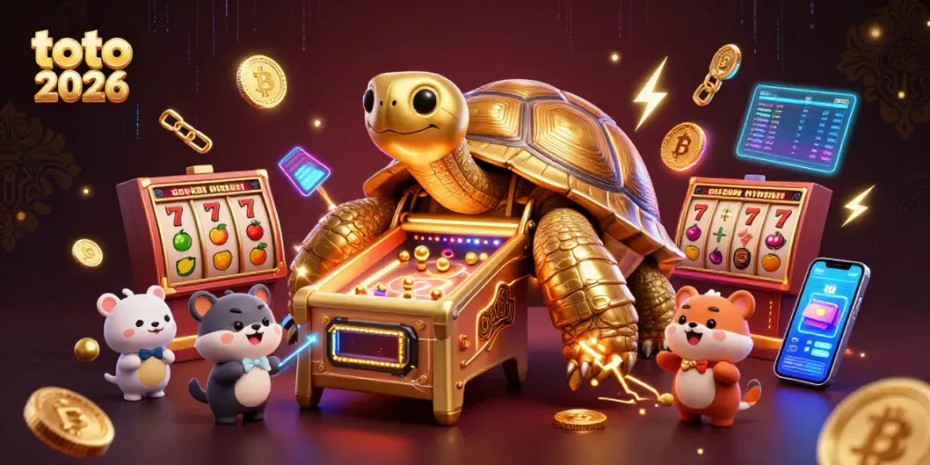Tangkap momen menarik saat bermain slot dengan toto 2026, melihat replika kura-kura emas besar dan elemen permainan mengelilinginya.