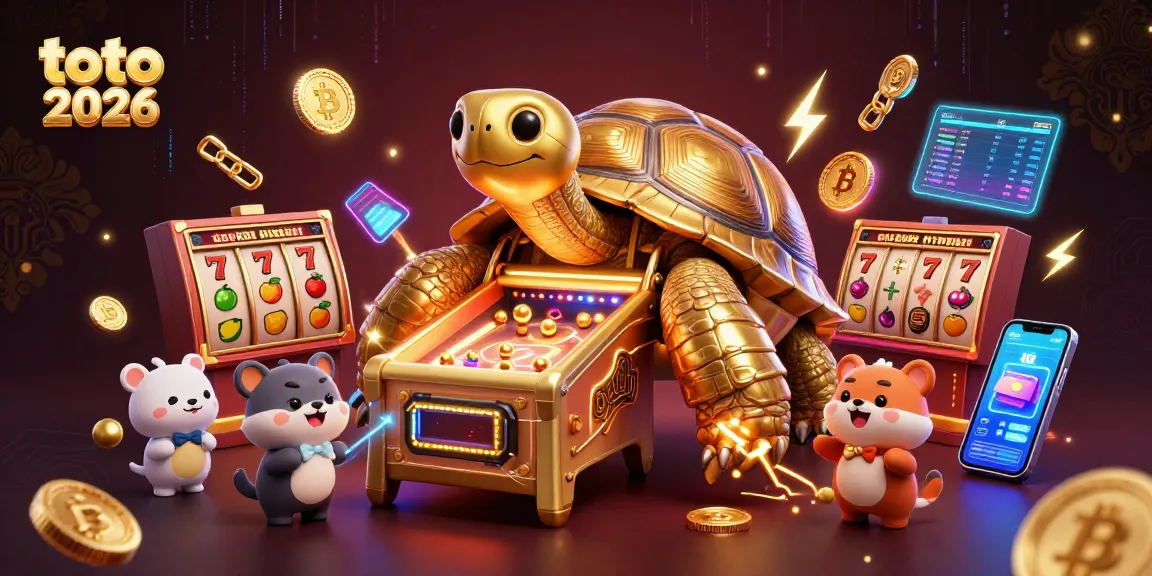 Tangkap momen menarik saat bermain slot dengan toto 2026, melihat replika kura-kura emas besar dan elemen permainan mengelilinginya.