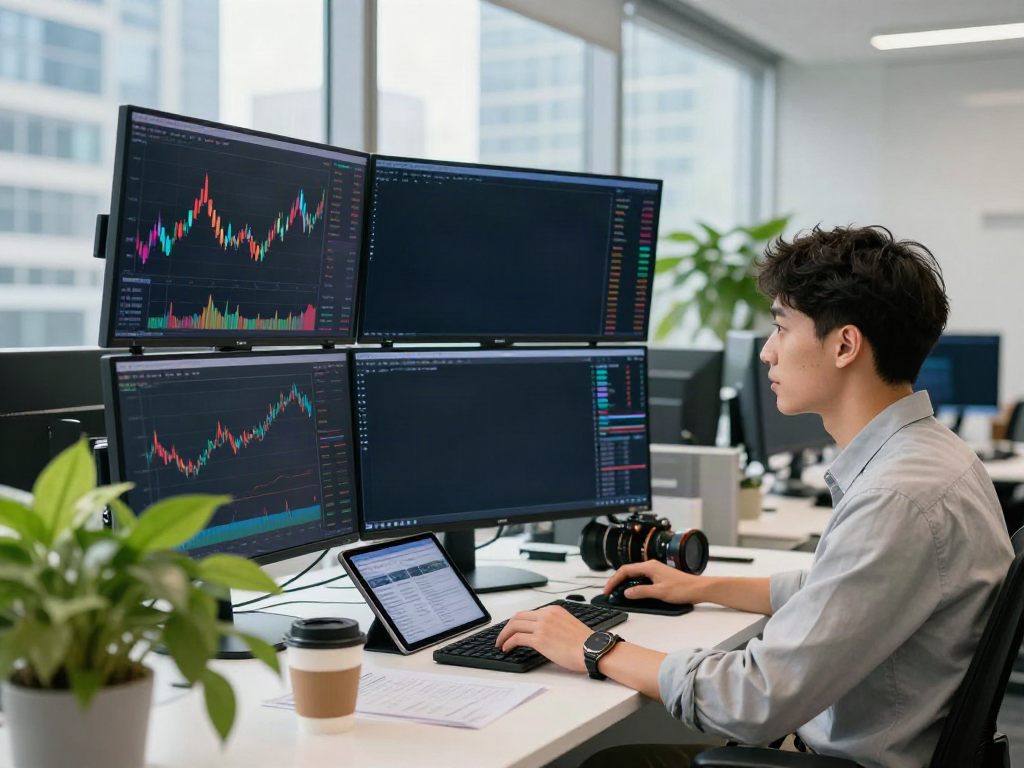 Analyst monitoring MEXC US Stocks with multiple screens in a modern trading office.