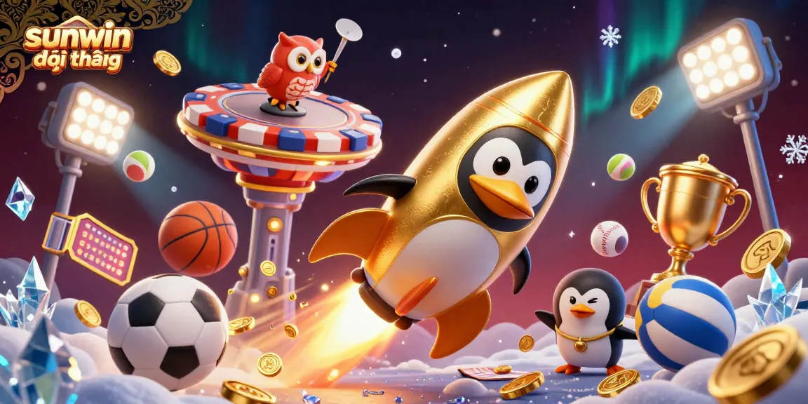 Experience sunwin đổi thưởng with a vibrant 3D illustration of a golden penguin flying towards a casino.