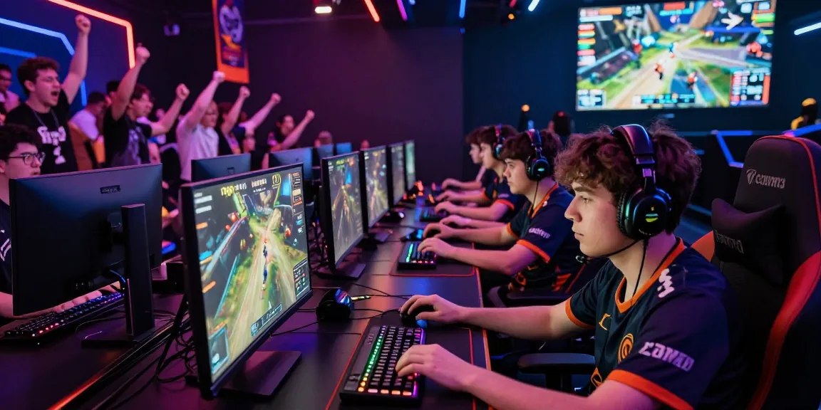 Exciting tempototo esports gaming setup with players focused on high-stakes competition in vibrant arena.