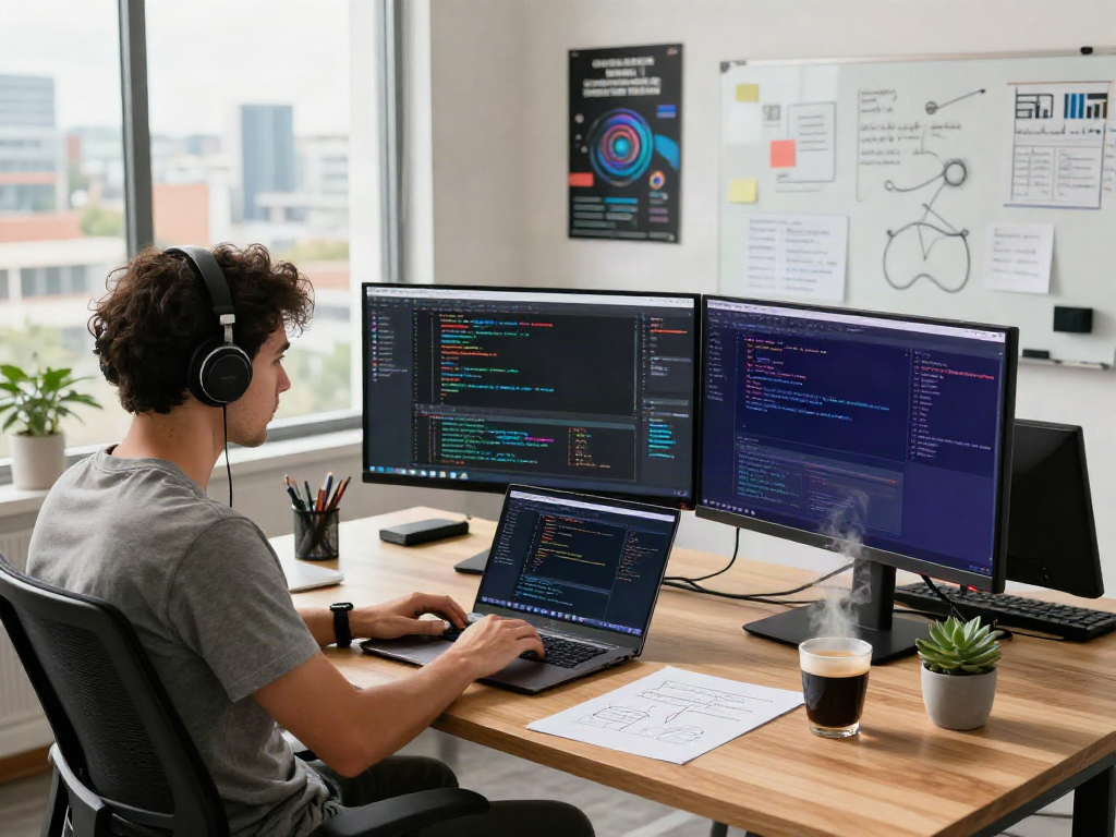 Workspace pengembang SGA33 dengan kode warna-warni dan lingkungan modern di kantor.