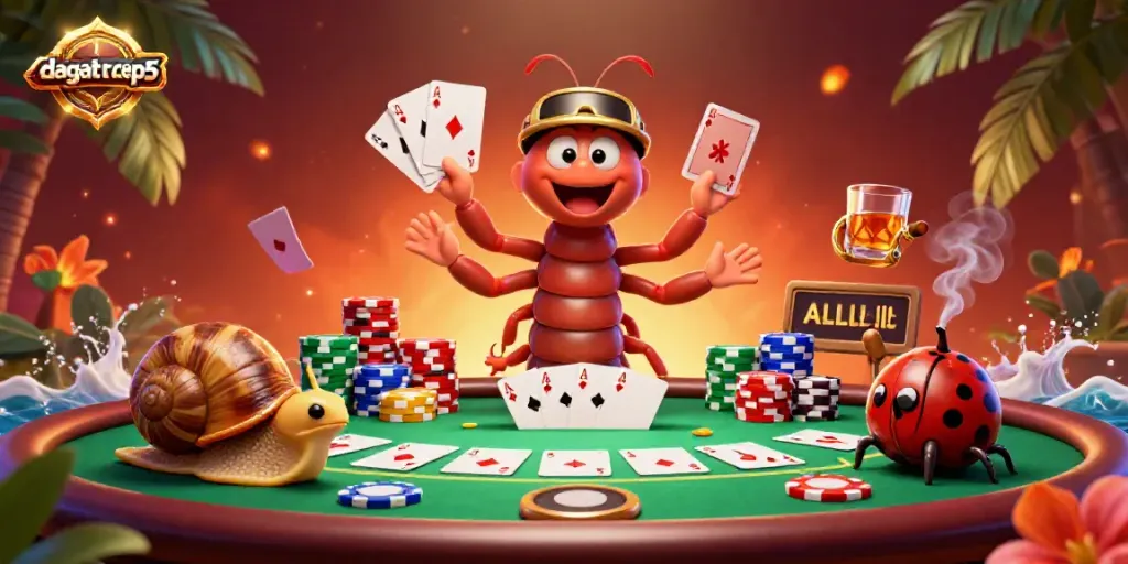 Experience intense action at dagatructiep5 with a dynamic illustration of a cartoon millipede dealer and vibrant poker elements.