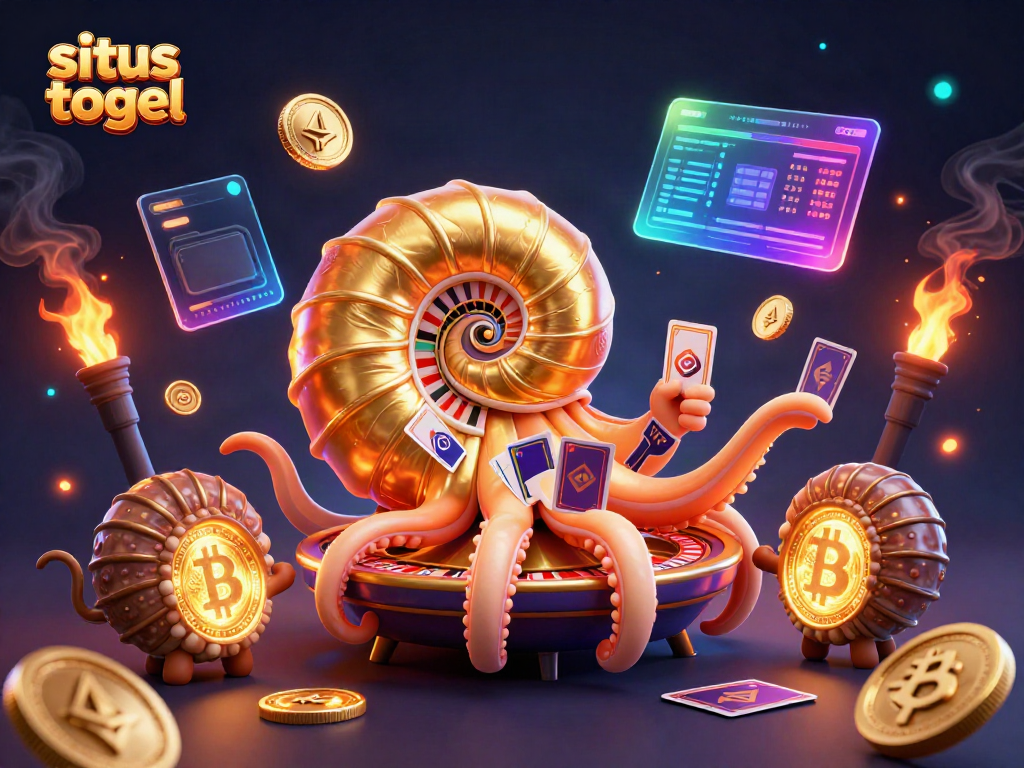 Engage with situs togel through an immersive illustration of a giant nautilus roulette wheel surrounded by glowing crypto elements.