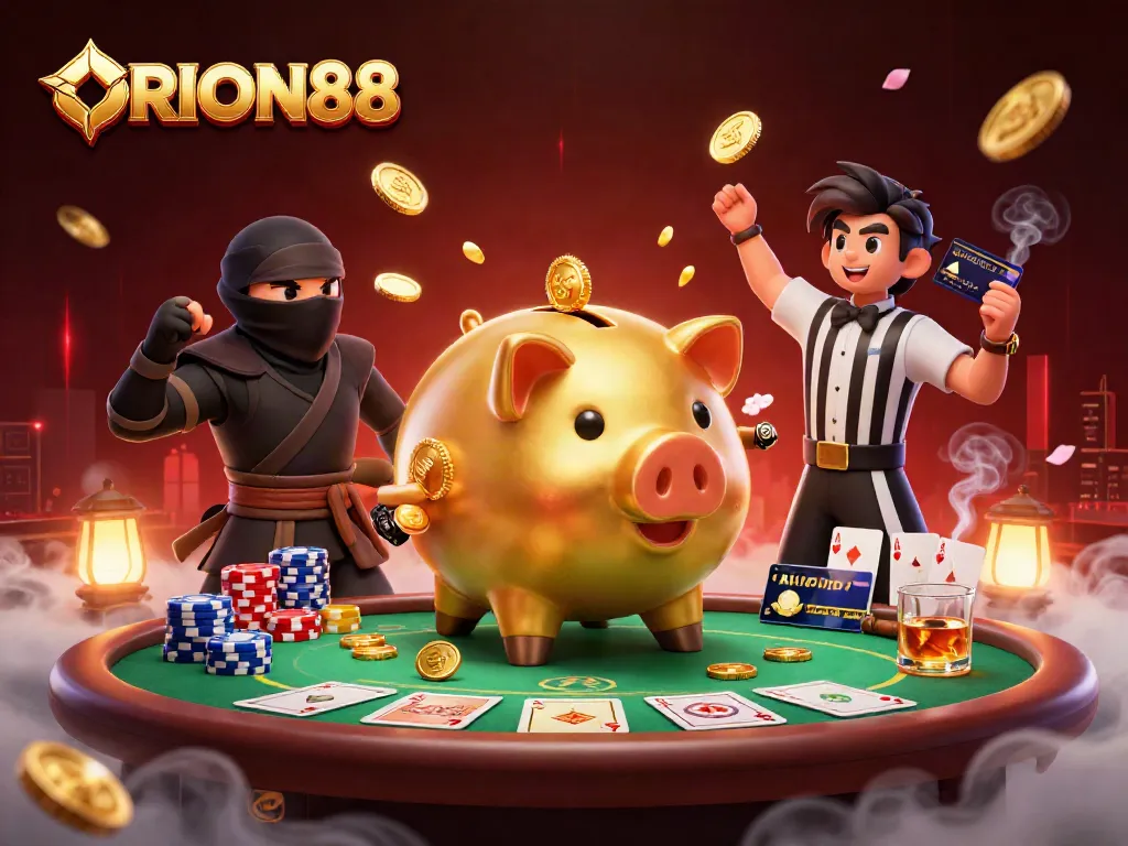 Engage with ORION88 in a vibrant casino scene showcasing dynamic characters and classic poker elements.