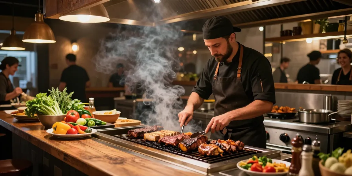BOS 88 saat chef sedang menyiapkan barbecue di dapur restoran modern.
