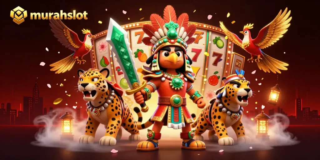 Slot murahslot yang meriah dengan karakter Aztec, simbol keberuntungan, dan efek cahaya.