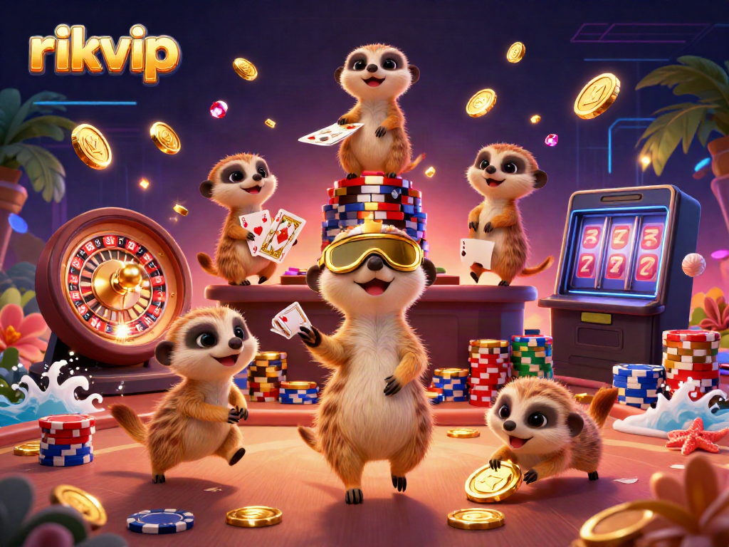 Experience the thrilling atmosphere of Rikvip’s casino with engaging meerkat characters and vibrant gaming elements.