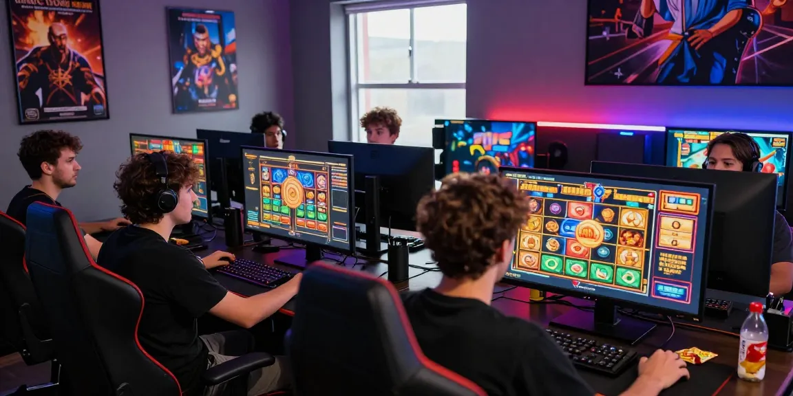 Penggemar slot server thailand berkumpul di ruang gaming, suasana ceria dengan layar yang menampilkan grafis menarik.