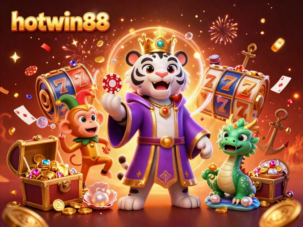 HOTWIN88 menampilkan harimau putih 3D elegan dalam latar belakang kasino dengan slot dan chip permainan.