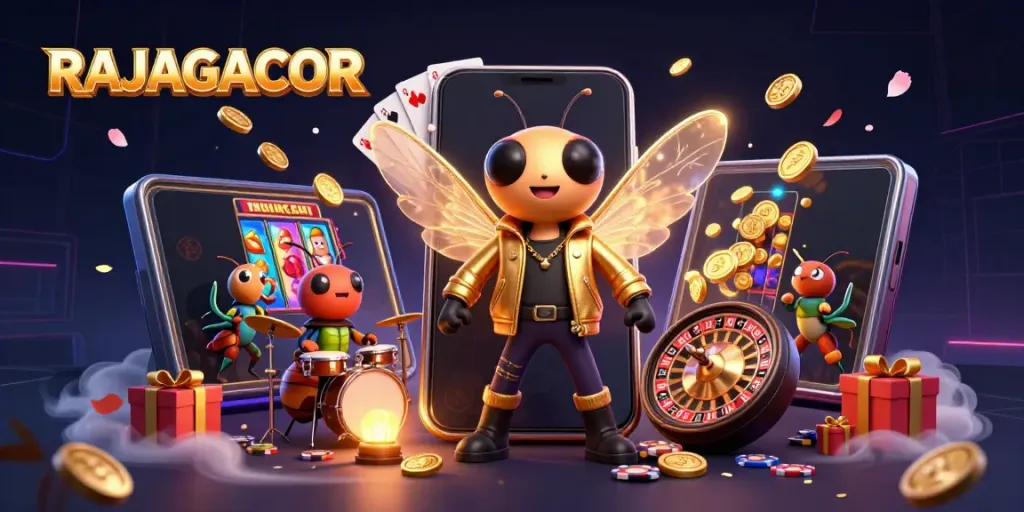 RAJAGACOR menghadirkan ilustrasi luar biasa dari cicada rock star dengan elemen permainan slot dan suasana kasino yang semarak.