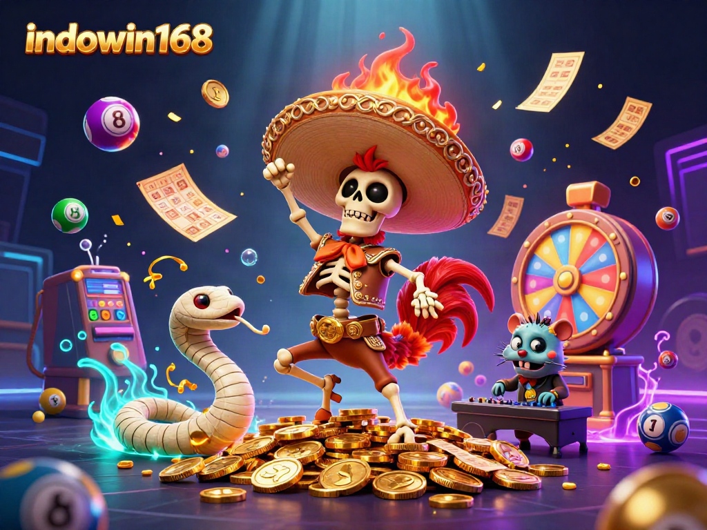 Berbagai elemen perjudian dalam ilustrasi 3D menampilkan indowin168 dengan karakter dicirikan dan kesenangan berjudi.