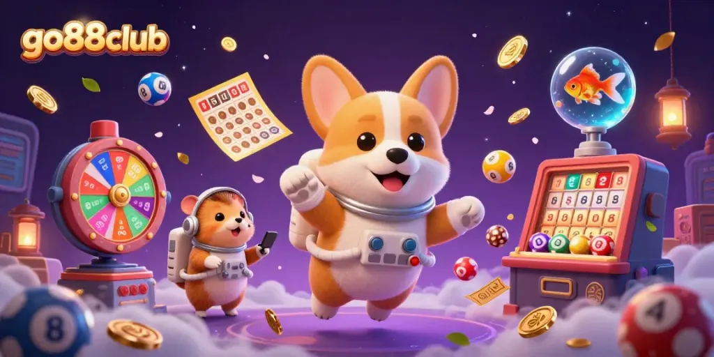 Experience the dynamic world of go88club with a 3D illustration featuring floating casino elements and characters.