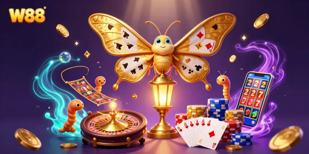 Win big with W88 in this vibrant casino-themed illustration showcasing exciting gaming elements.