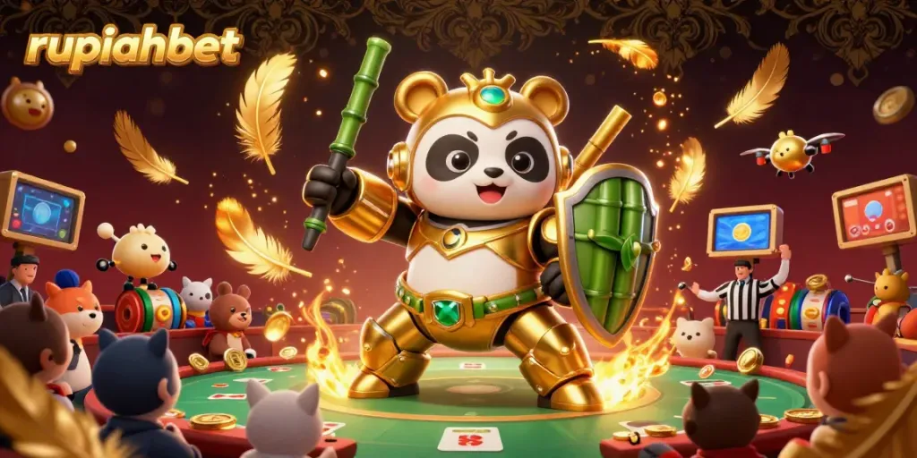 Experience thrilling gameplay with rupiahbet in a lively 3D casino illustration featuring dynamic characters and rich visuals.