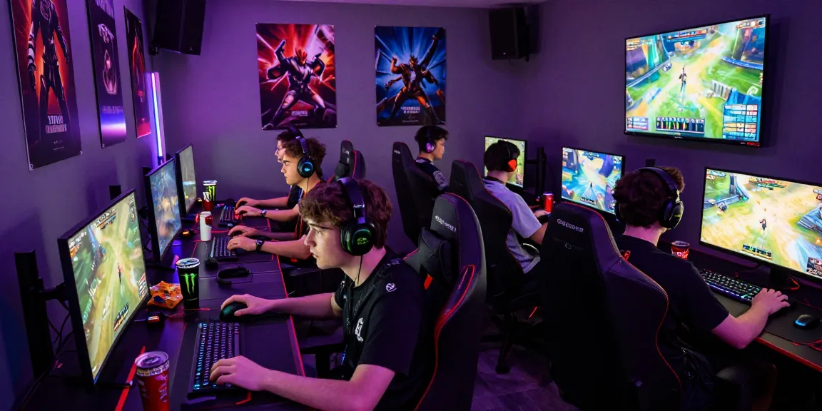 IMBAJP pertandingan game seru dengan gamer beragam fokus di layar, suasana energik dan permainan yang intens.
