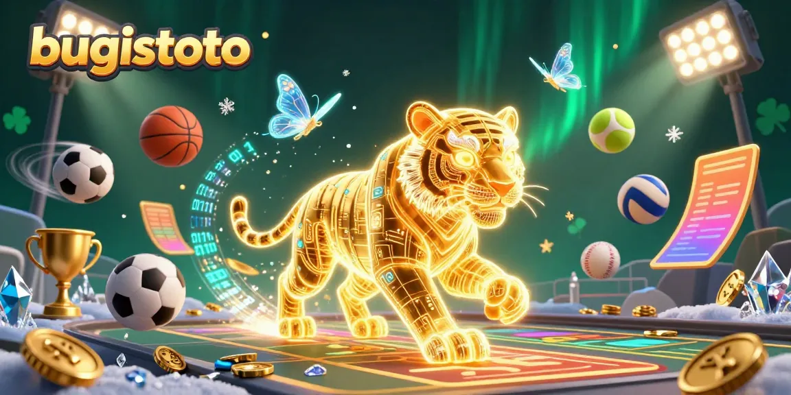 Experience the action with bugistoto in a vibrant digital casino landscape featuring a light energy tiger and dynamic sports betting elements.