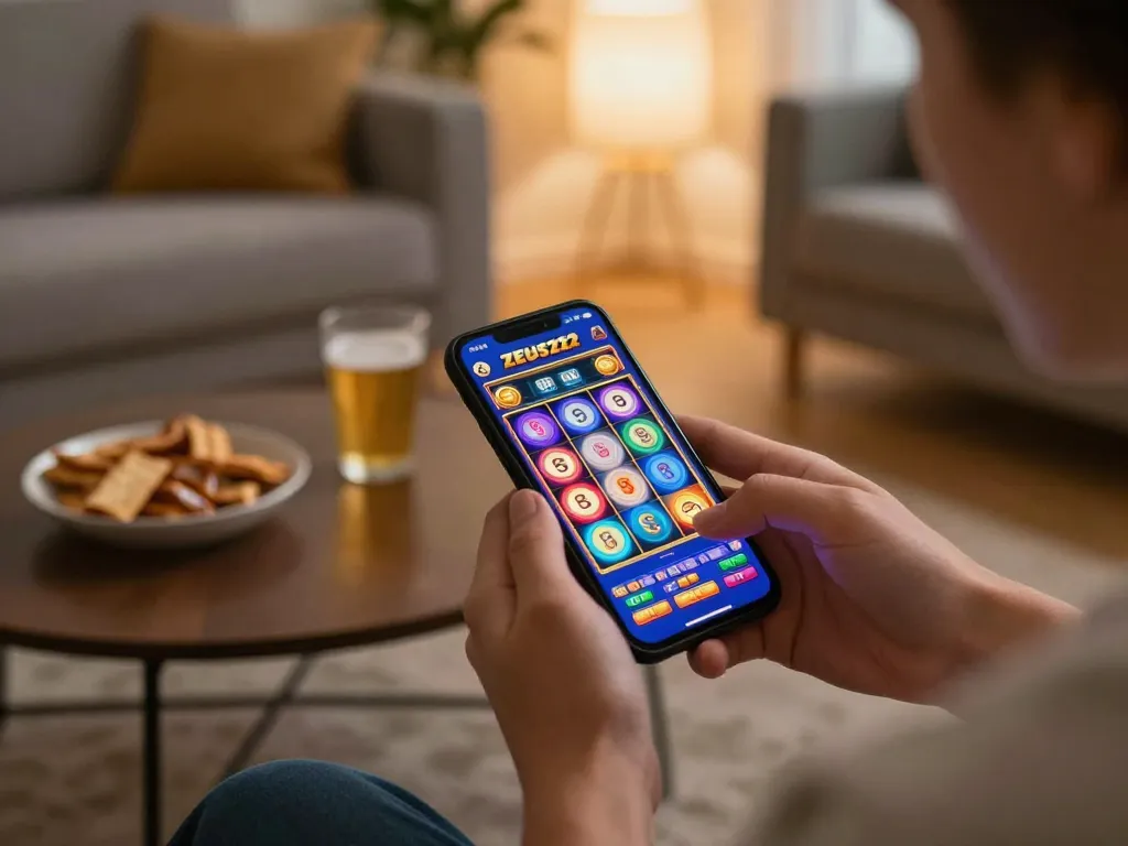 Engaging experience playing ZEUS222 slot game on smartphone within cozy home environment
