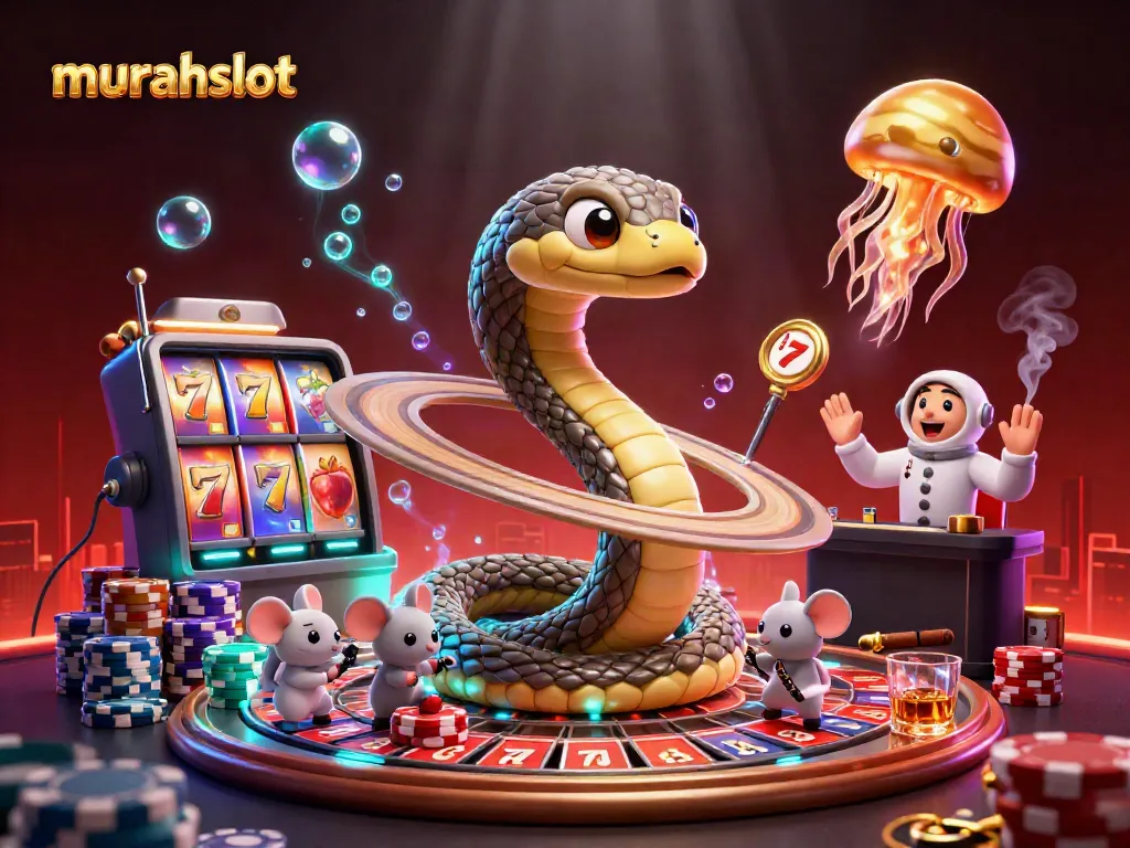 Experience exhilarating bets at murahslot with a cosmic roulette wheel and cartoon characters in a vibrant casino scene.