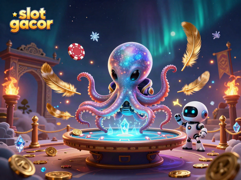Engage in exciting gameplay at slot gacor with a cosmic octopus and dynamic poker table illustration.