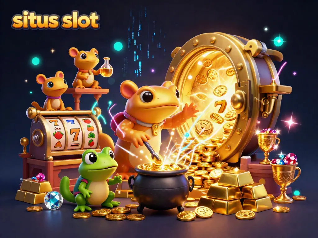 Engaging illustration of situs slot featuring golden salamander alchemist and slot reels in a magical laboratory scene.