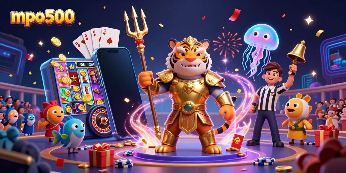 MPO500 menghadirkan ilustrasi kasino yang memikat dengan hiu kartun berarmor memperebutkan jackpot