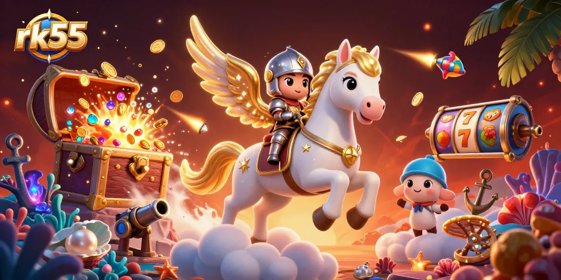 Experience rk55's dynamic gameplay with exciting slot elements, colorful gems, and vibrant characters.