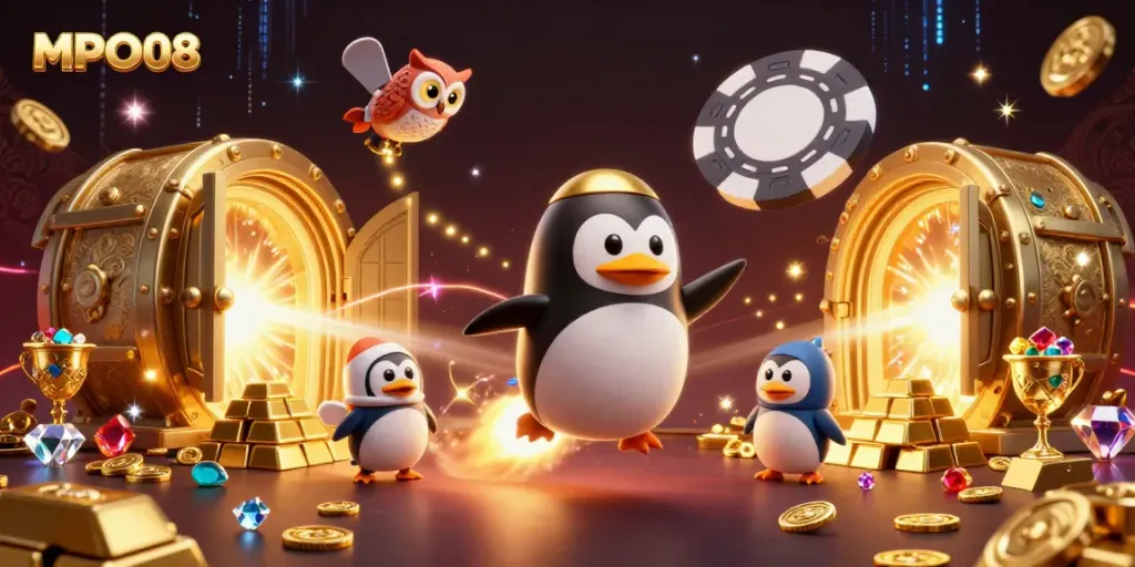 Experience MPO08 with a vibrant casino scene depicting a penguin in space surrounded by riches.