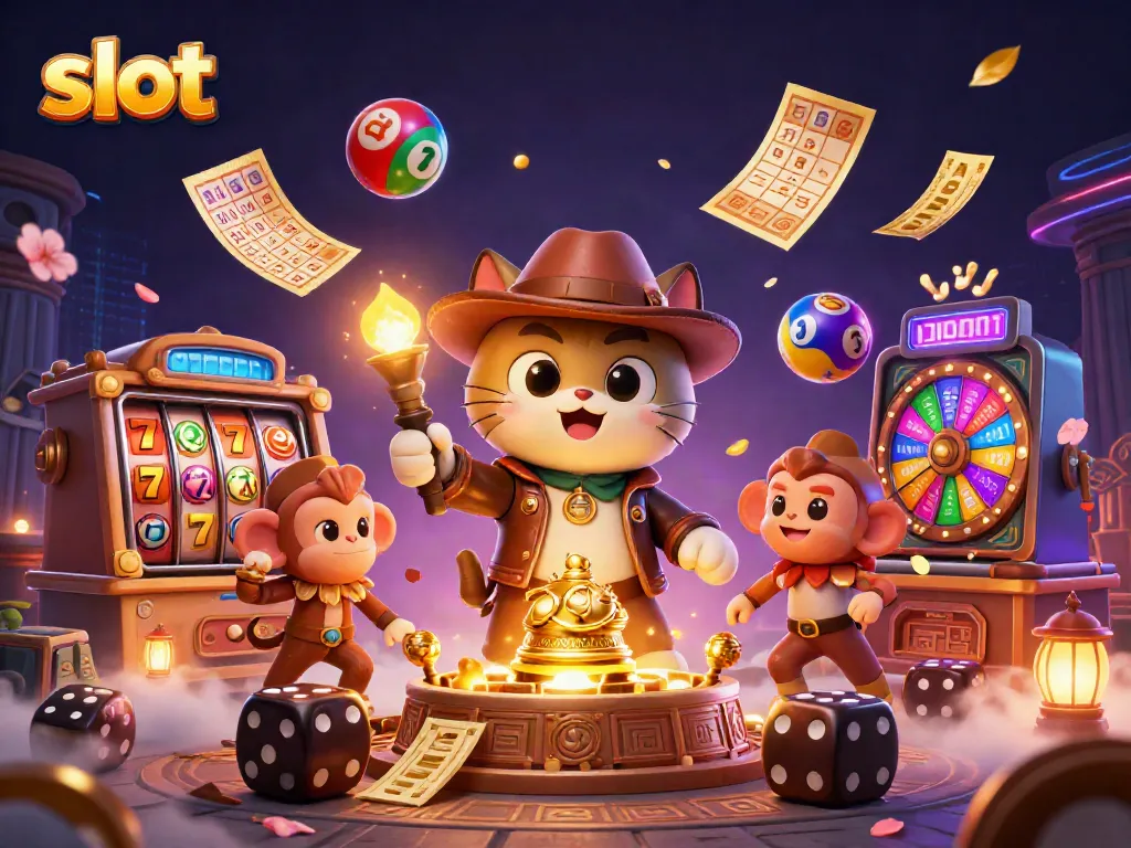Slot distraksi dengan mesin slot, simbol keberuntungan dan keberhasilan di dunia perjudian.