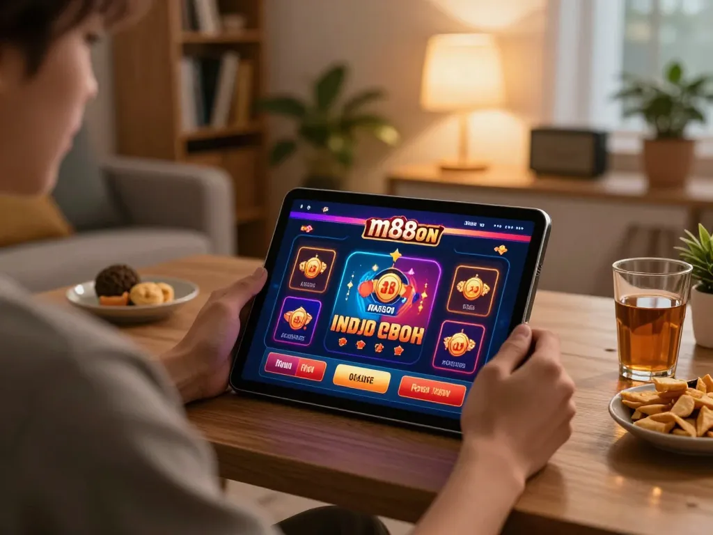 Momen permainan online yang menarik di m88 mansion Indo, seseorang menggunakan tablet untuk permainan kasino.