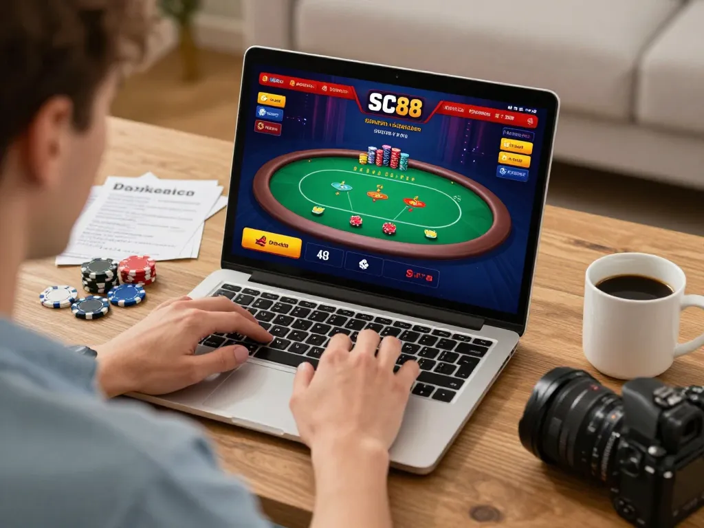 Engaged player enjoying SC88's poker games on a laptop in a cozy home setup.