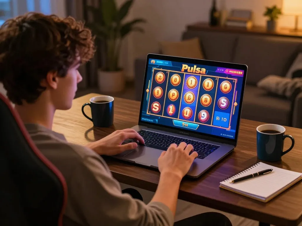 Engaging in thrilling slot pulsa gameplay on a sleek laptop, showcasing excitement and strategy.