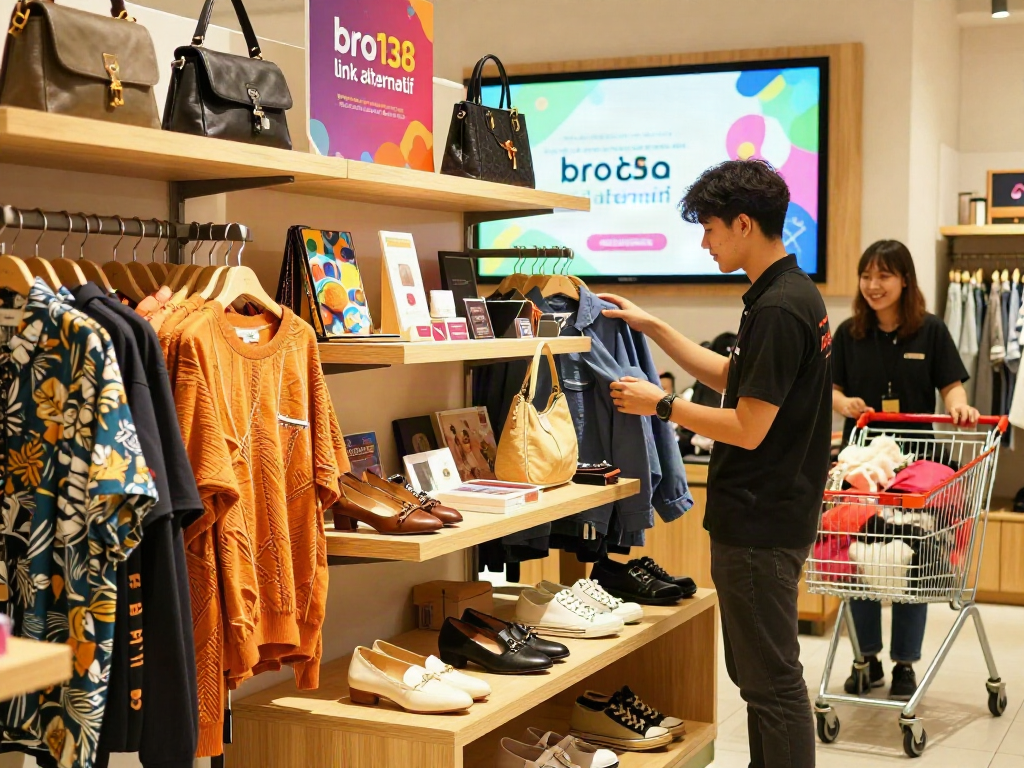 Engaging retail scene highlighting "bro138 link alternatif" fashionable items and friendly staff.