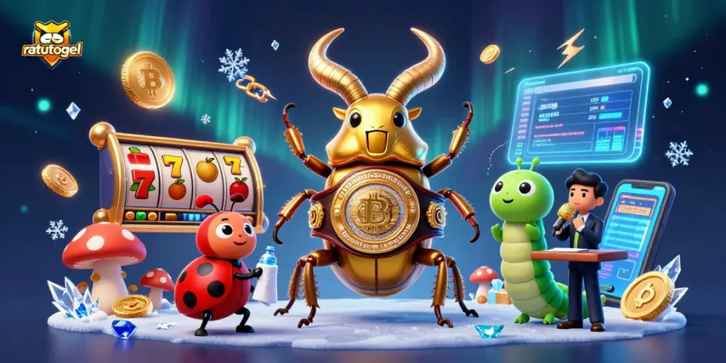 Ratutogel menghadirkan ilustrasi kasino 3D dengan serangga bertanding di ring yang diisi simbol slot dan koin crypto.