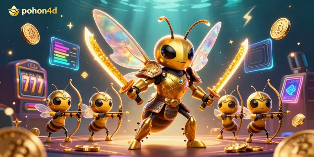 Pohon4D brings vibrant casino gaming to life with a giant hornet in samurai armor, surrounded by neon coins.