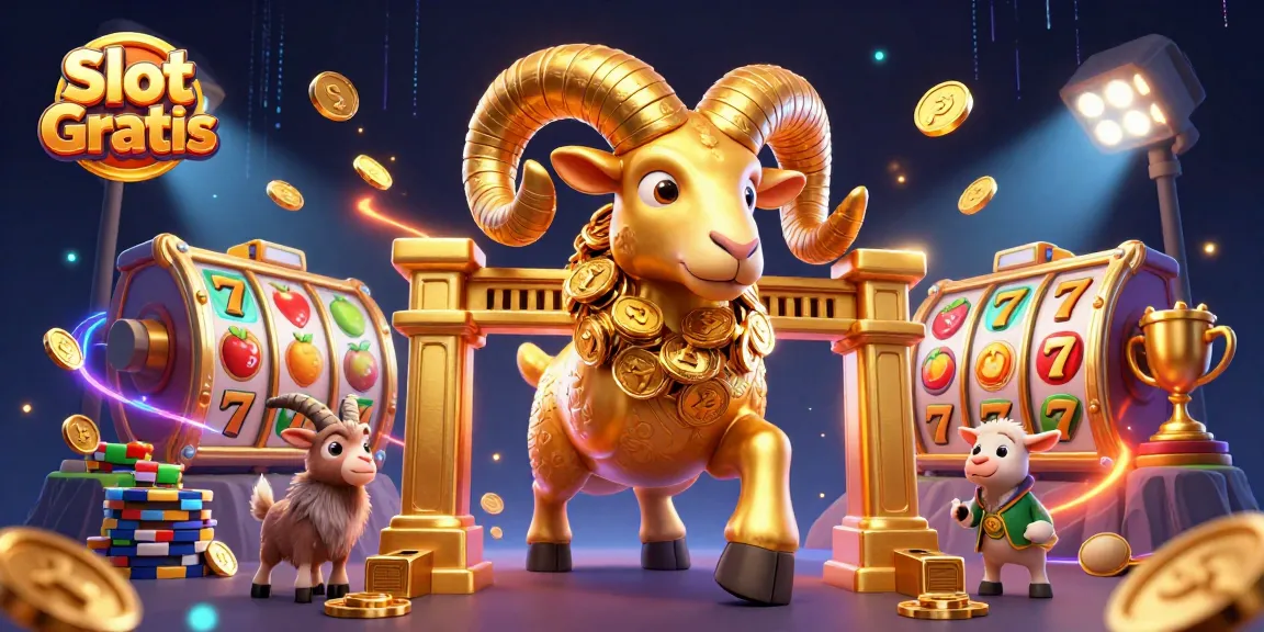 Experience Slot Gratis with a massive golden ram, lively slot reels, and festive gaming elements.