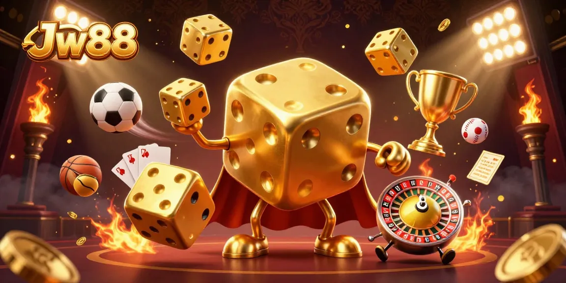 Jw88 celebrates wins with golden dice juggling in a dynamic casino scene filled with sports elements.